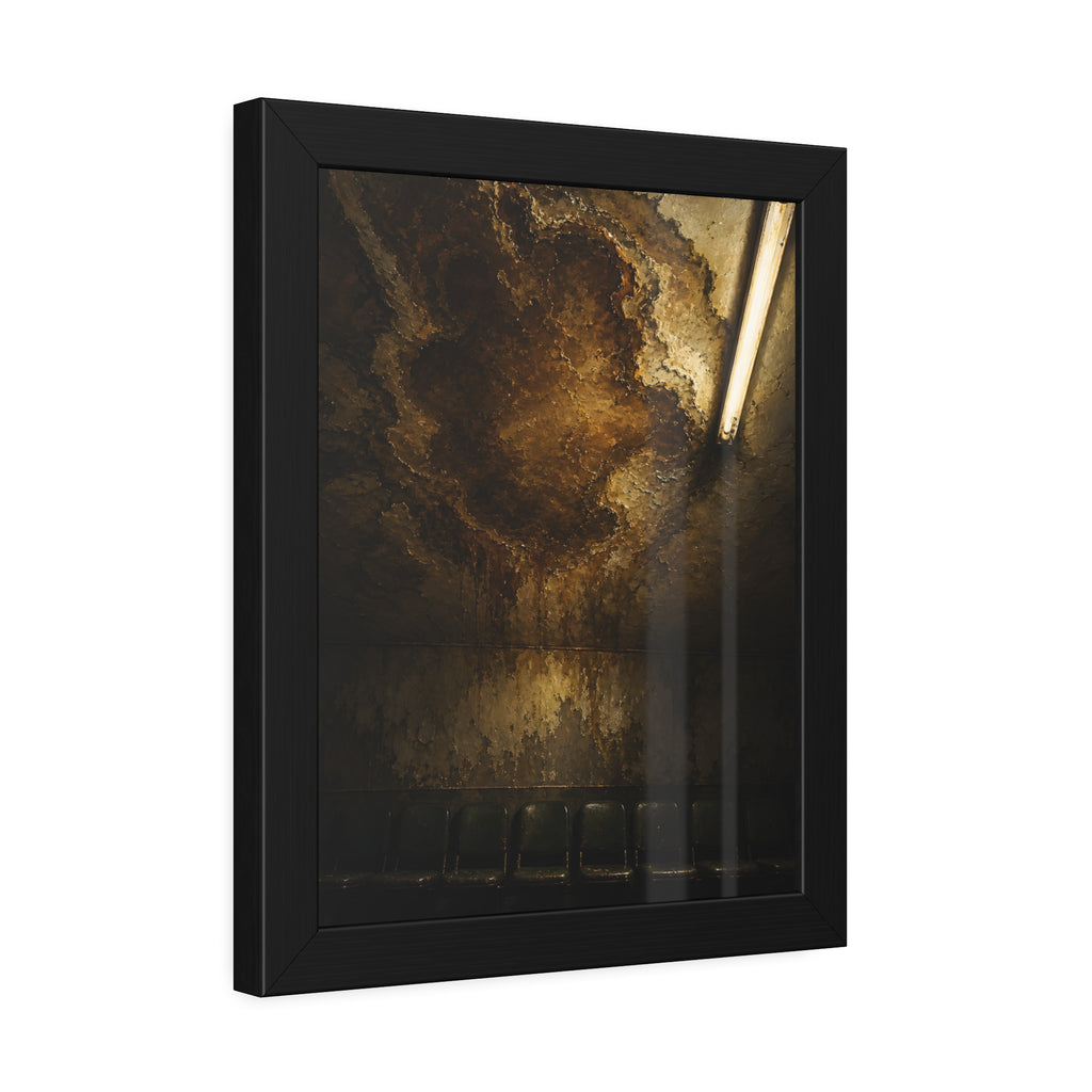 A brown water stain spreading across a ceiling above a row of chairs. The Stain Above the Row by Garabaggio, framed fine art print hanging in a room.