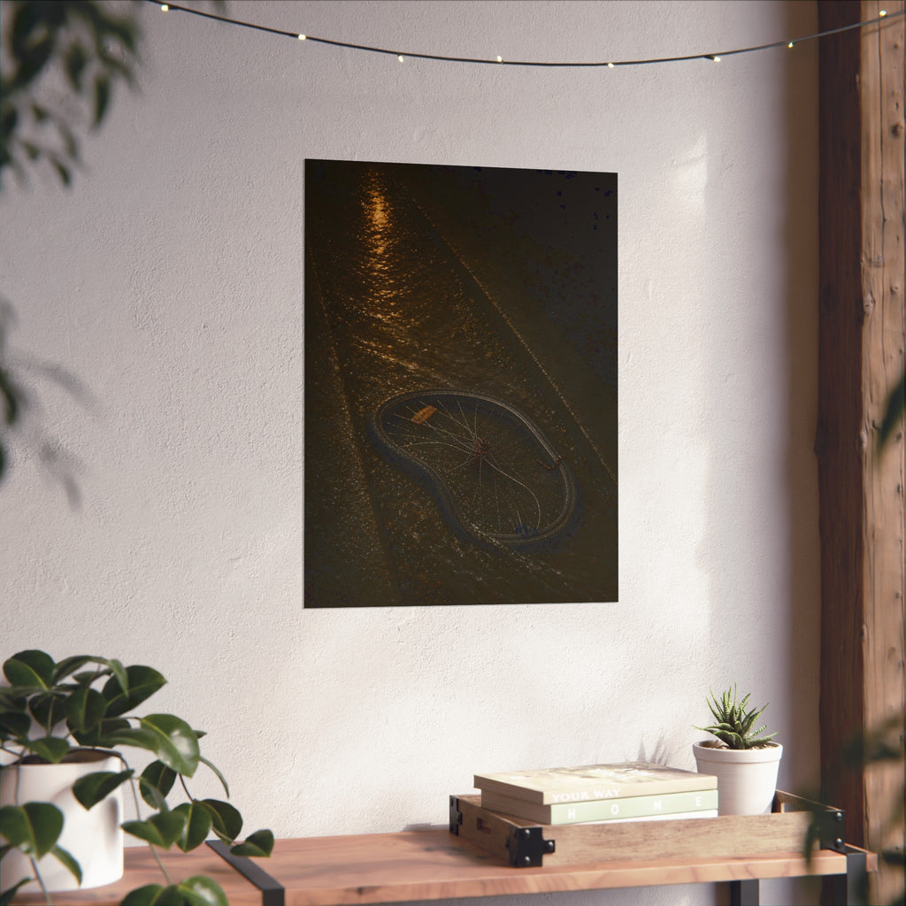 A bent bicycle wheel in a wet gutter with streetlight glare on the water. The Carrying by Runoff by Garabaggio, fine art print hanging in a room.