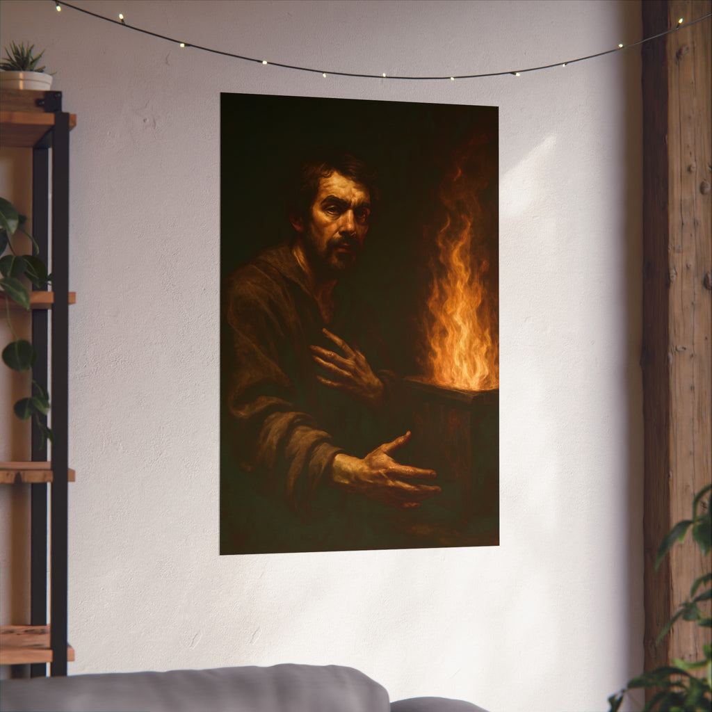 Bearded man with a hand on his chest beside flames rising from a bin. Self-Portrait as a Penitent by Garabaggio, fine art print hanging in a room.