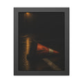 A toppled orange traffic cone on a wet road under a lone streetlight. The Taking by the Bumper by Garabaggio, framed fine art print, 11″ x 14″.