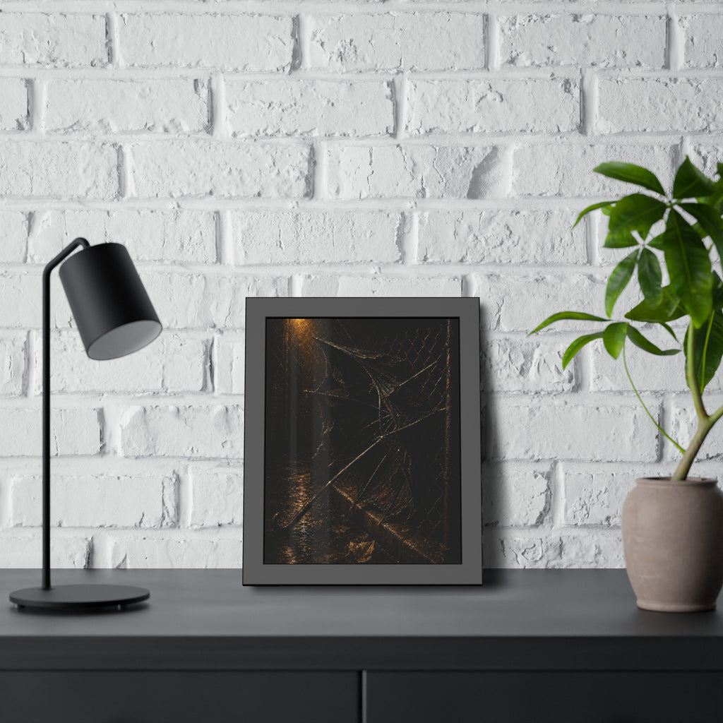 A broken umbrella pinned to a chain link fence under a rainy streetlamp. The Scourging by the Wind by Garabaggio, framed fine art print hanging in a room.