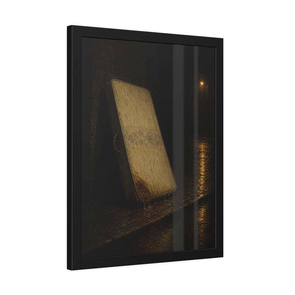 A stained mattress leaning against a wall in rain under a streetlamp. The First Rain by Garabaggio, framed fine art print hanging in a room.