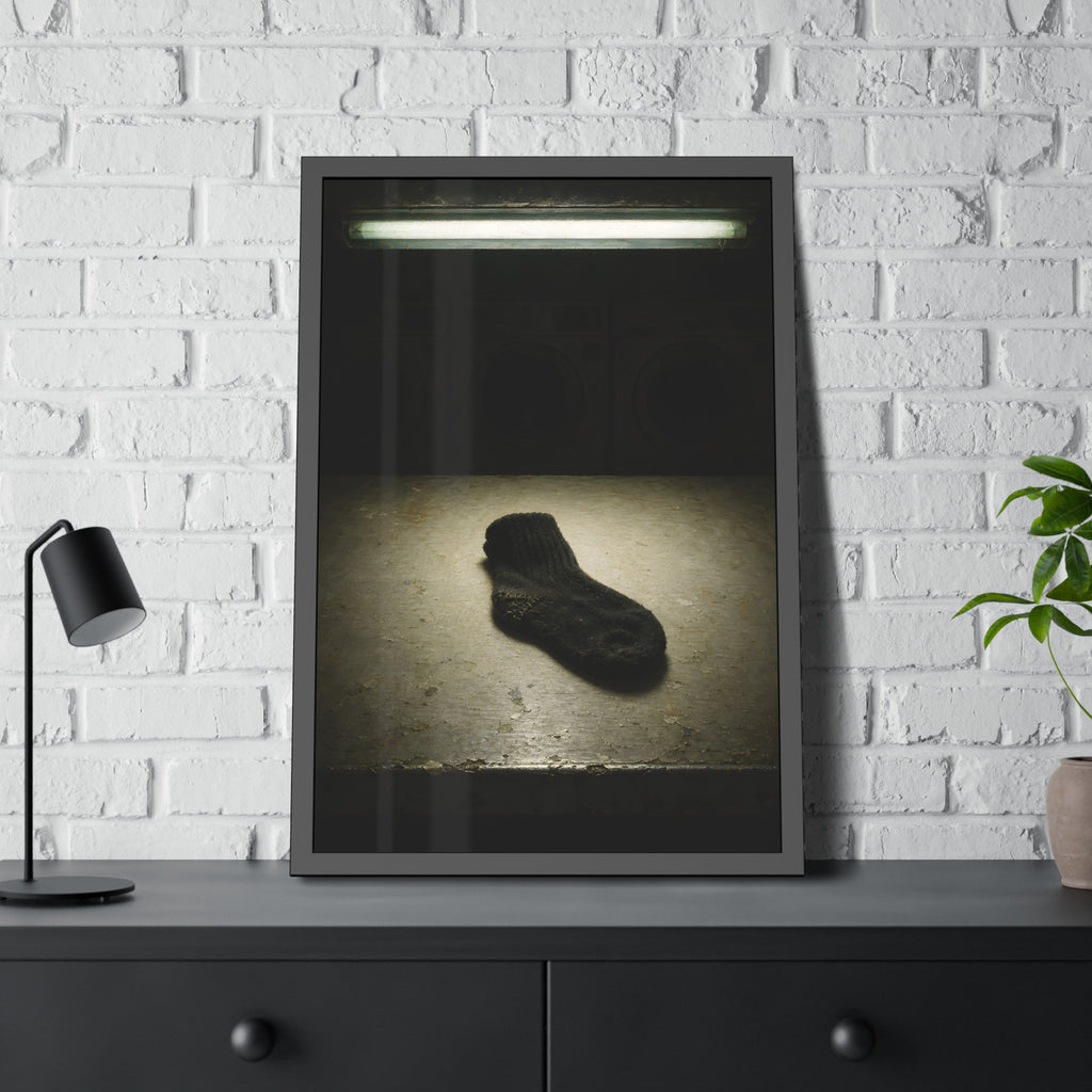 A single dark sock on a laundromat floor before dim washing machines. The Orphaned Sock by Garabaggio, framed fine art print hanging in a room.