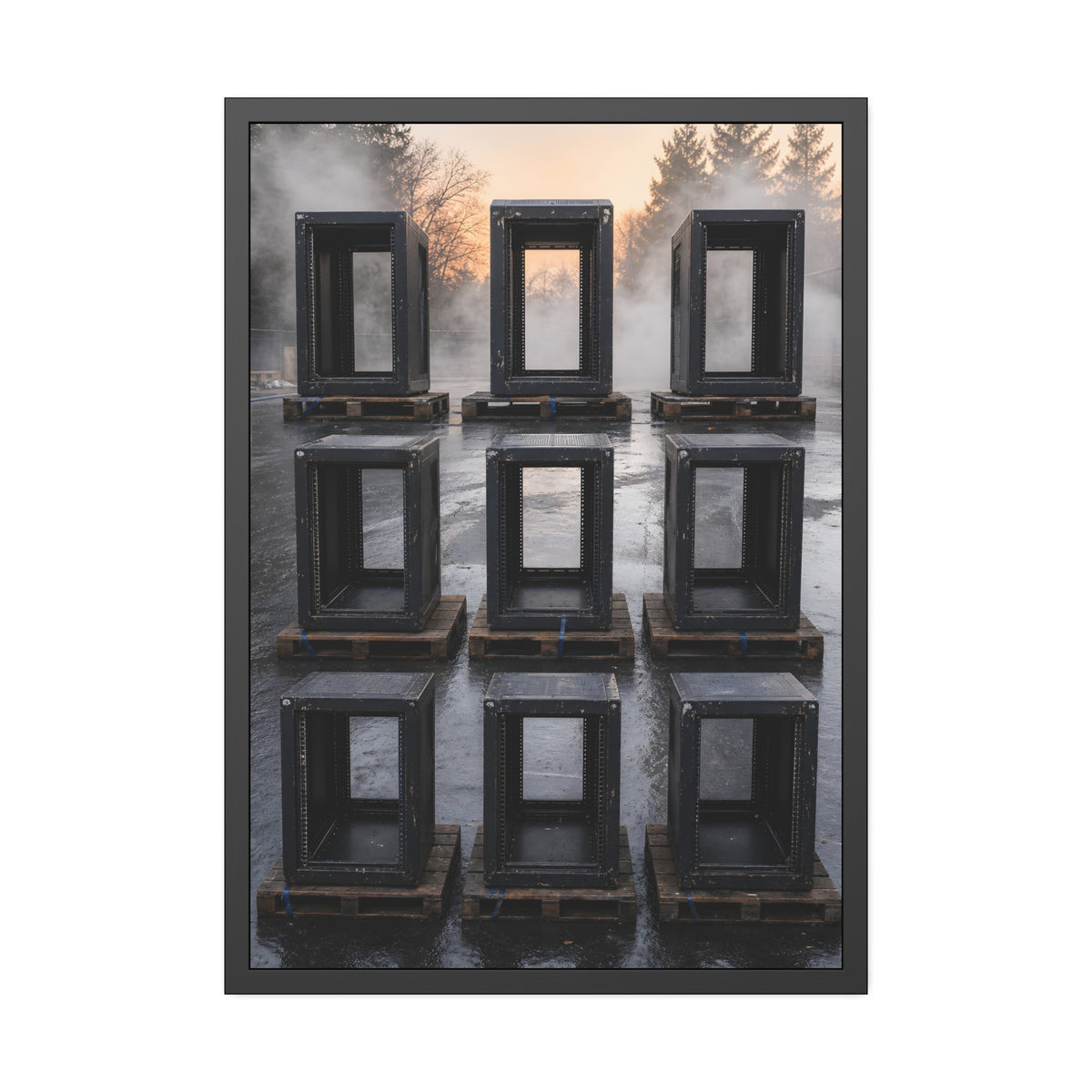 Nine empty black server racks on pallets in a wet lot at dawn. The Racks in the Morning Lot by Garabaggio, framed fine art print, 28″ x 40″.