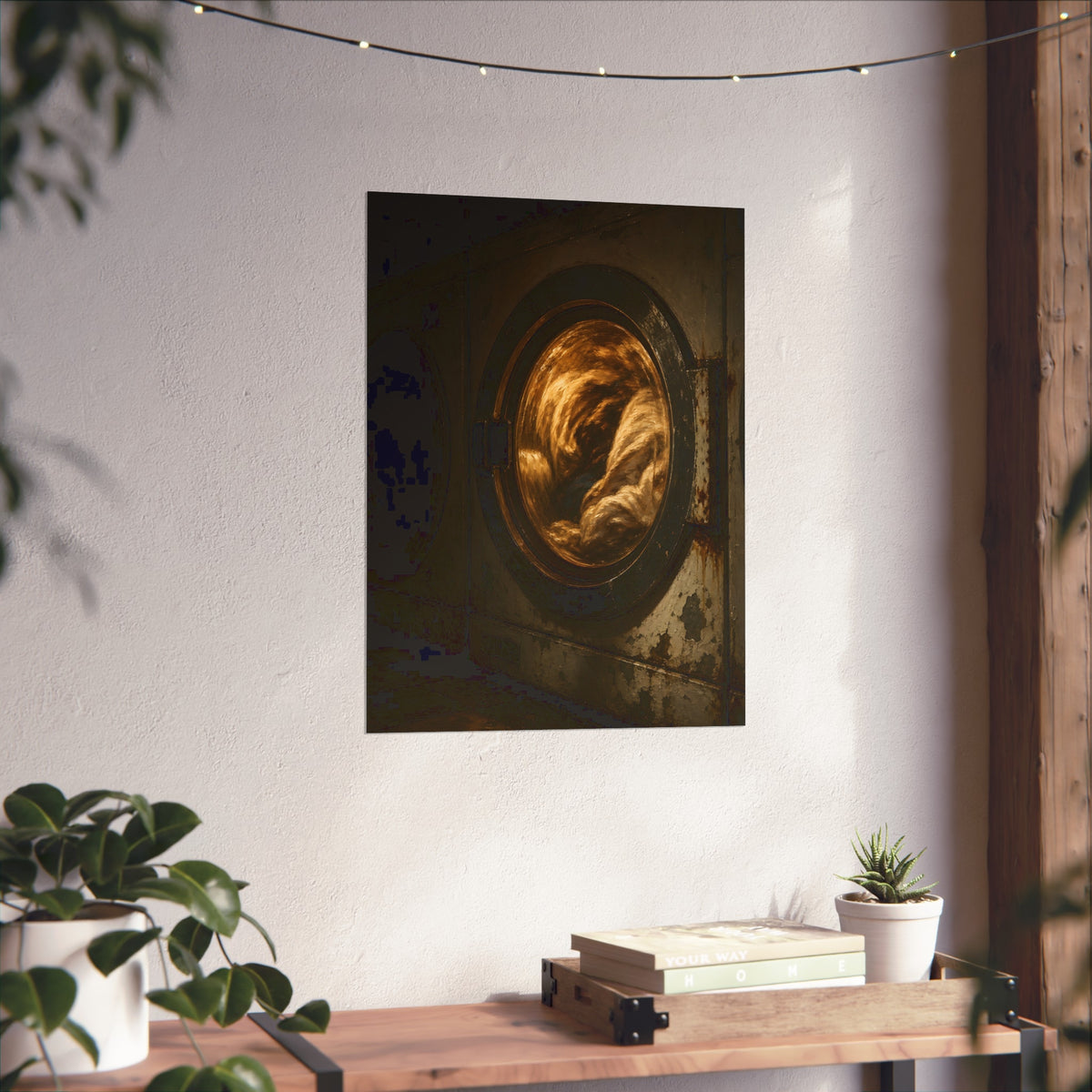 A washer drum tumbling laundry lit amber behind its glass door. The First Spin by Garabaggio, fine art print hanging in a room.