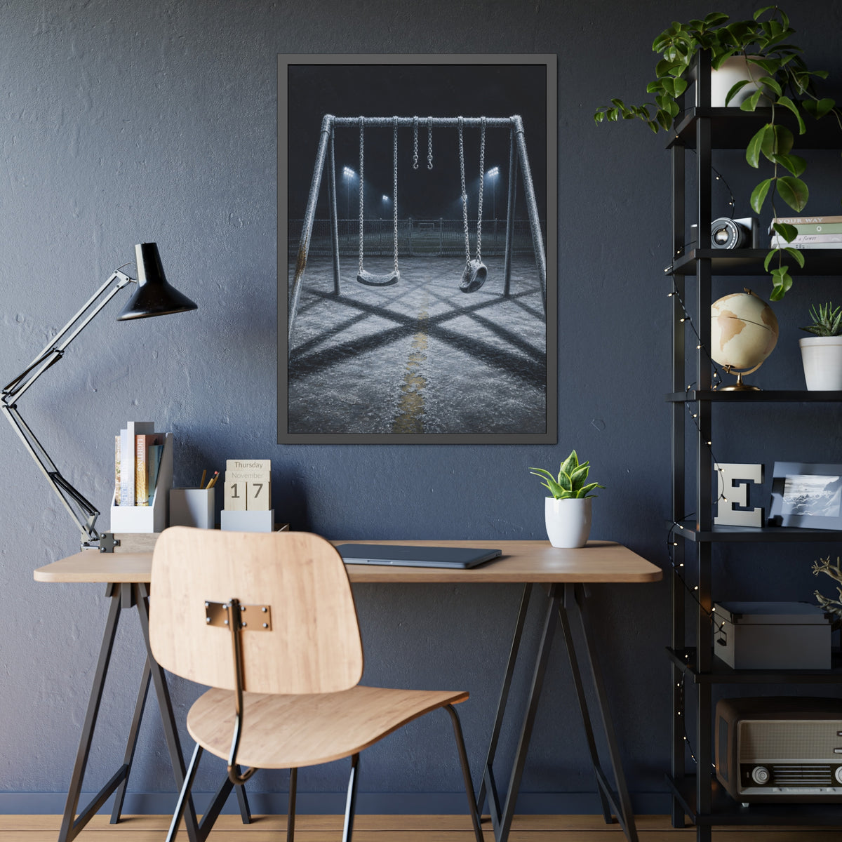A frost covered swing set on empty asphalt under distant floodlights. The Third Hour: The Coldest Part by Garabaggio, framed fine art print hanging in a room.