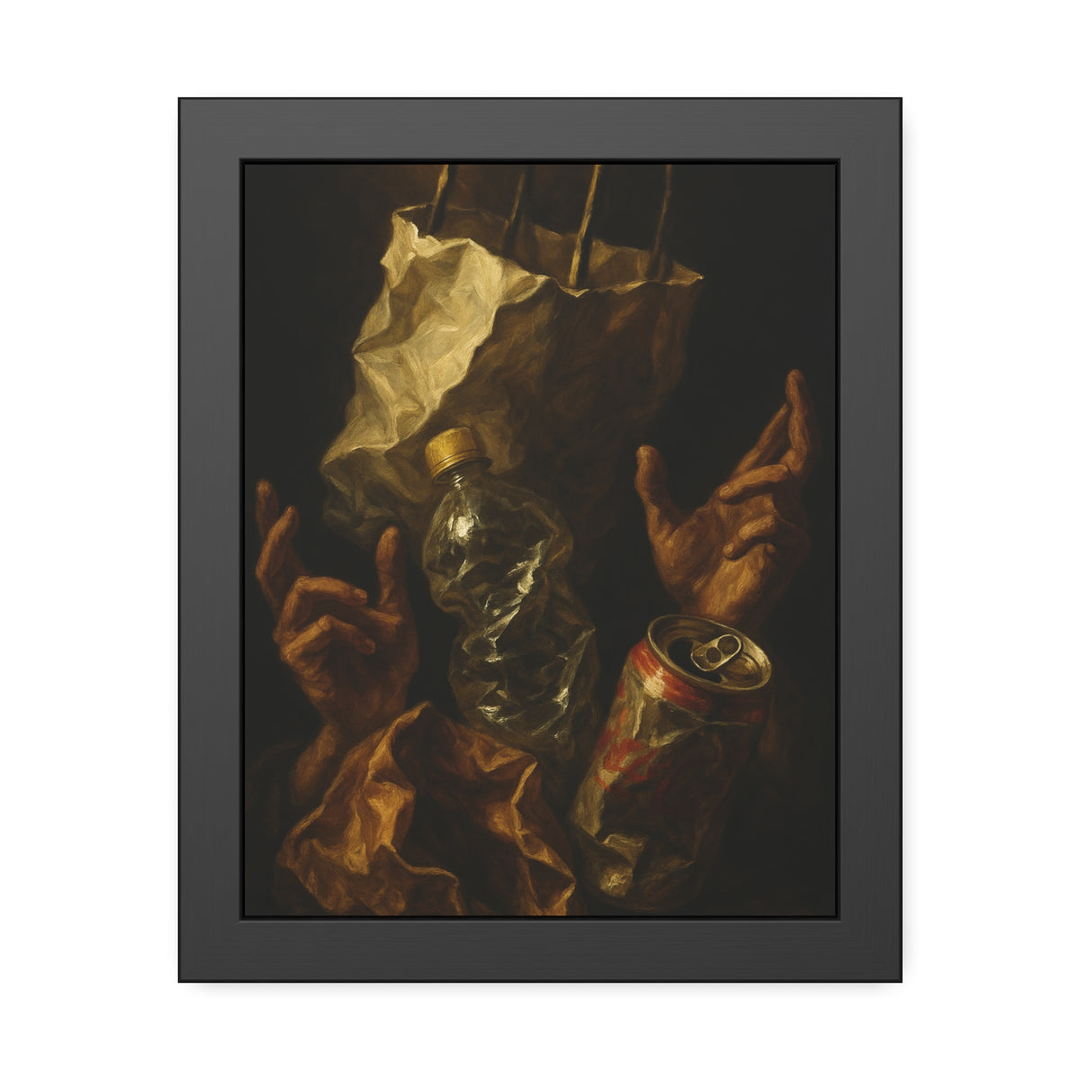 Two hands raised beside a paper bag, crushed bottle and dented can. The Assumption of the Discarded by Garabaggio, framed fine art print, 11″ x 14″.