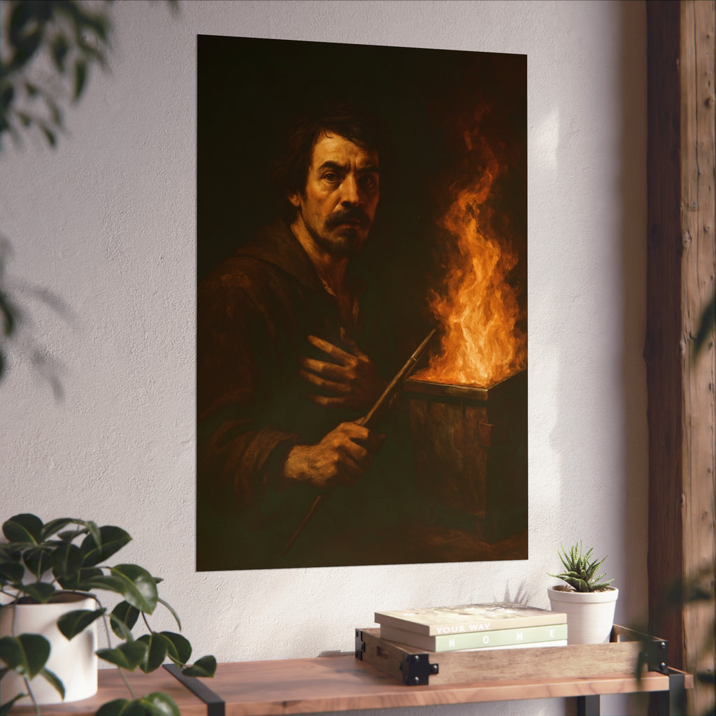 Man holding a long wooden stick, hand on chest, before a burning bin. Self-Portrait with Mahlstick by Garabaggio, fine art print hanging in a room.