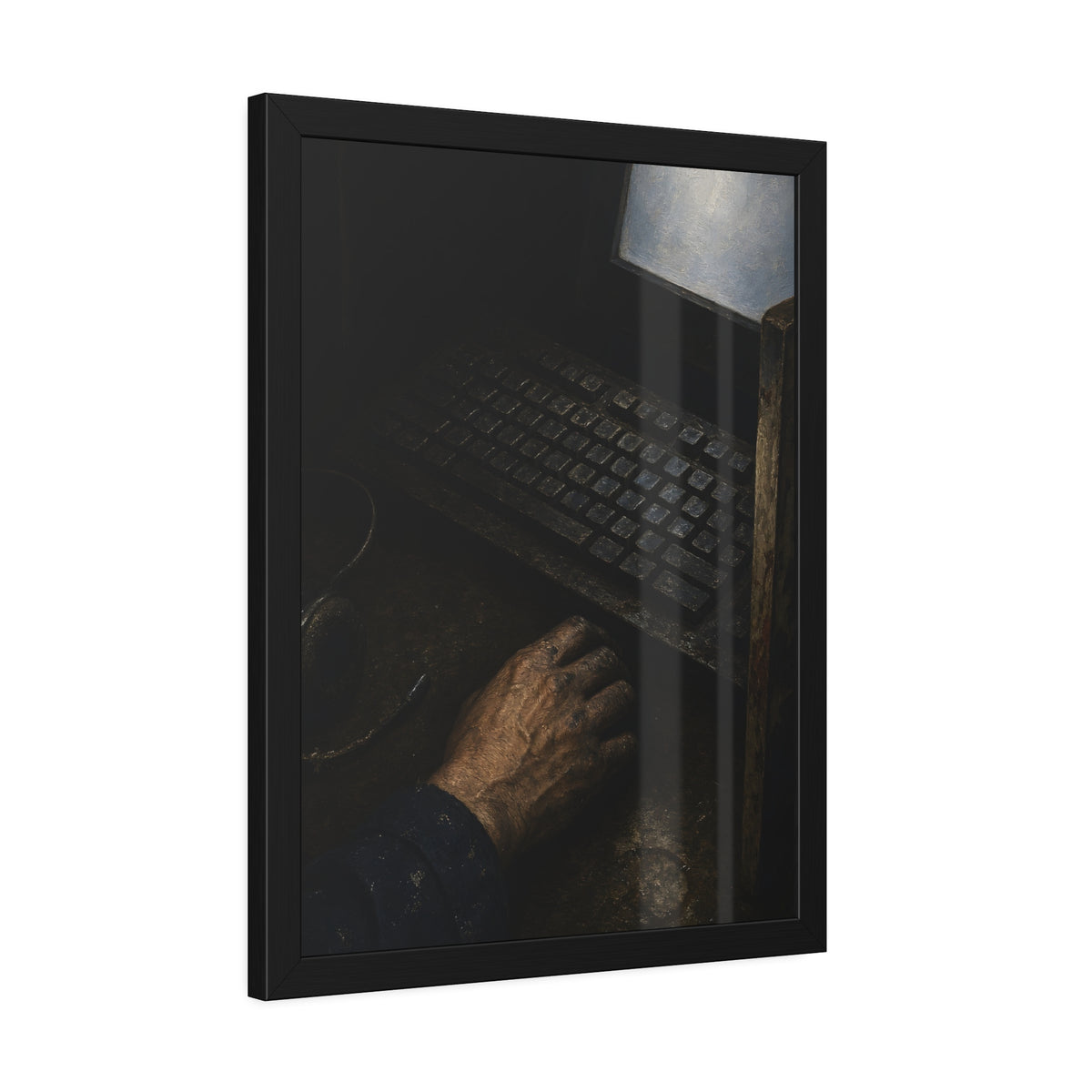 A hand on a mouse beside a grimy keyboard and a pale glowing screen. Login Before Dawn by Garabaggio, framed fine art print hanging in a room.