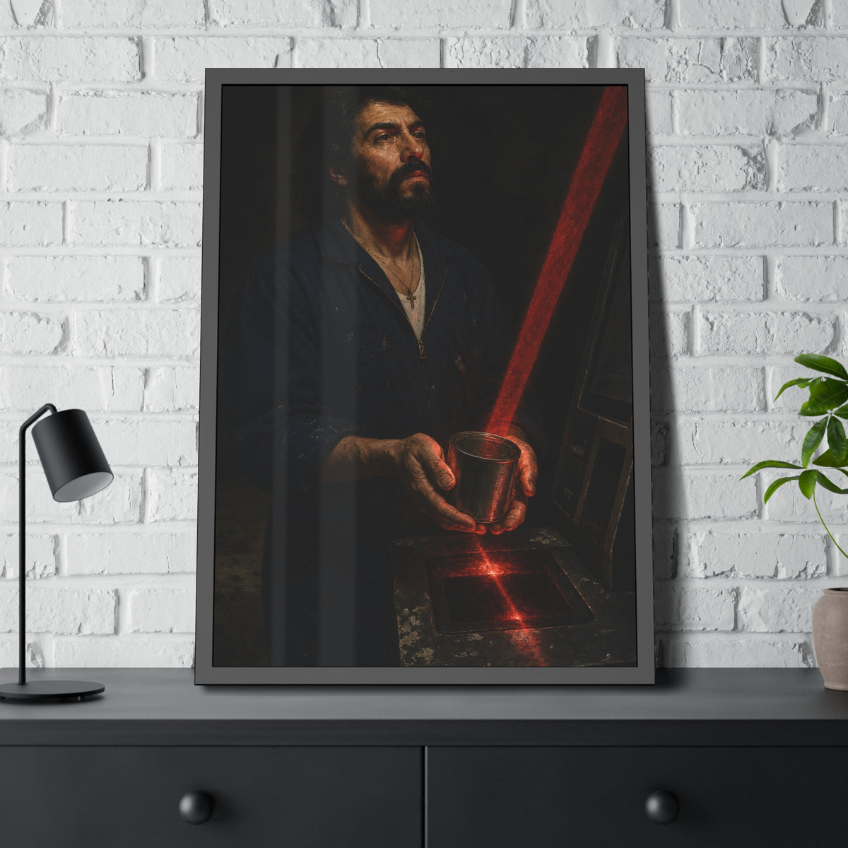 A man in blue coveralls holding a metal cup in a red scanner beam. The First Scan by Garabaggio, framed fine art print hanging in a room.