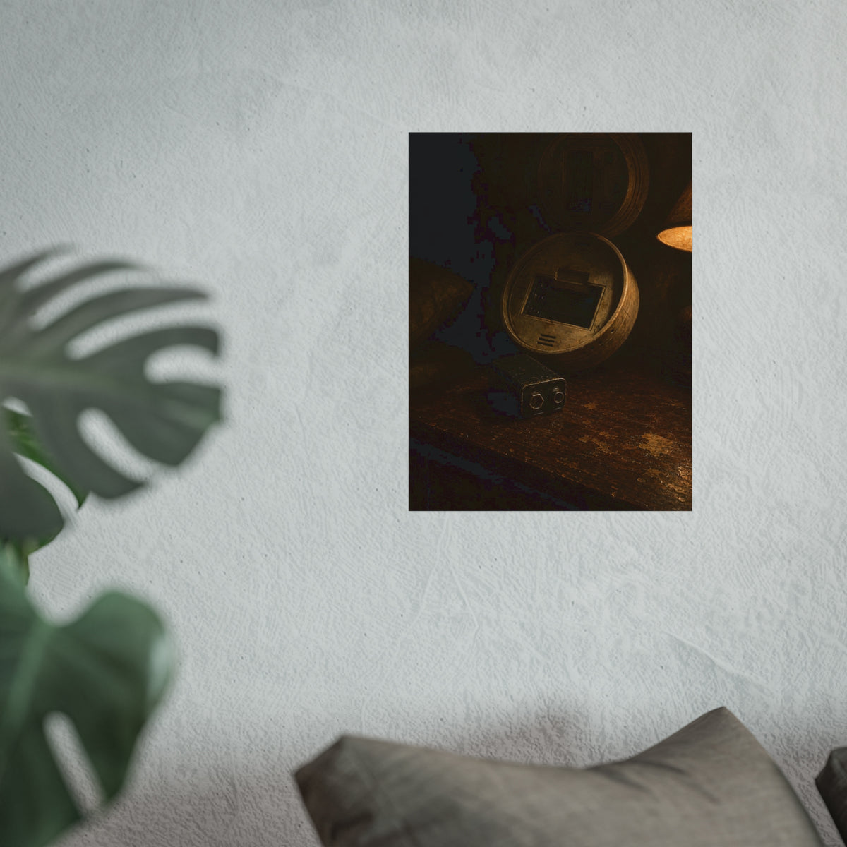 An open smoke detector on a wooden table beside a removed nine volt battery. The Silence After Removal by Garabaggio, fine art print hanging in a room.