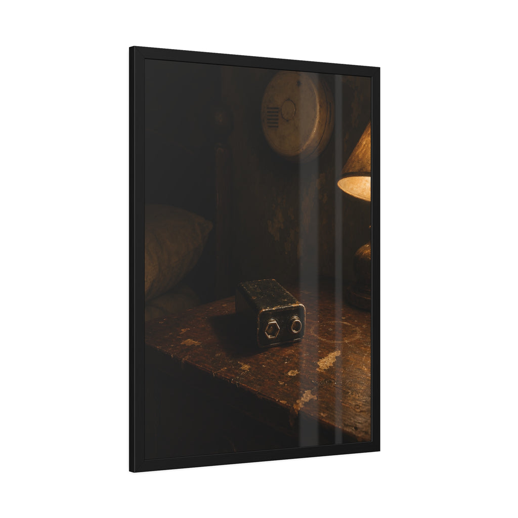 A nine volt battery on a nightstand below a wall smoke detector. The Battery Laid Below by Garabaggio, framed fine art print hanging in a room.