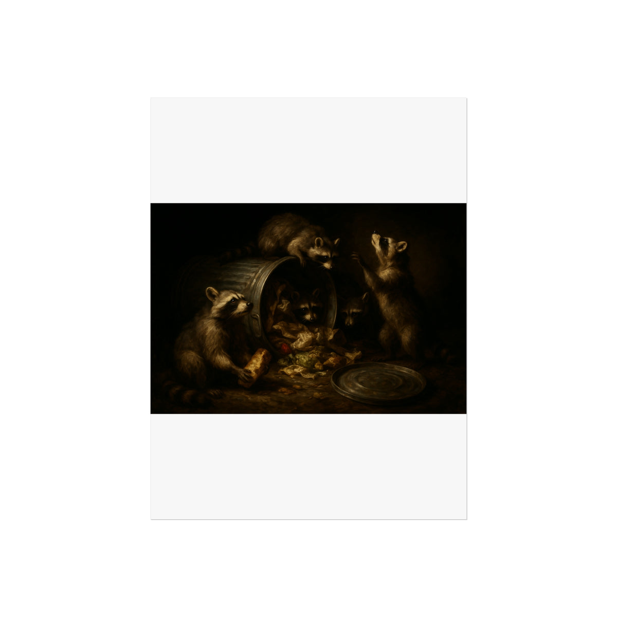 Raccoons around a tipped metal trash can, scattering food scraps. The Vigil of the Midnight Feast by Garabaggio, fine art print hanging in a room.
