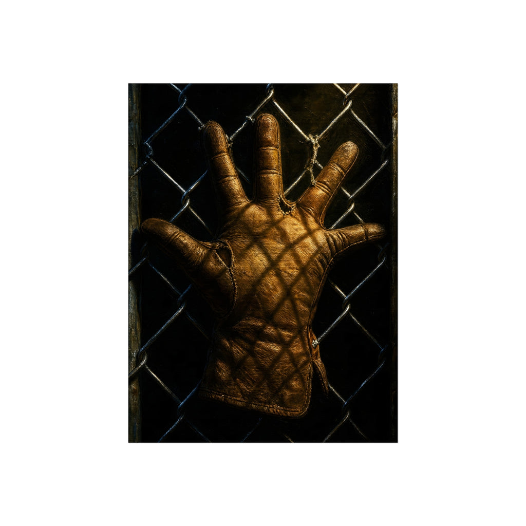 A worn leather glove caught fingers up on a dark chain-link fence. The Crucifixion on Chain-Link by Garabaggio, fine art print hanging in a room.