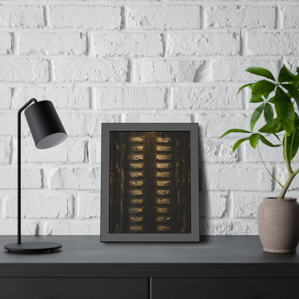 An apartment intercom panel with blank nameplates, lit from above. The Labels Removed by Garabaggio, framed fine art print hanging in a room.
