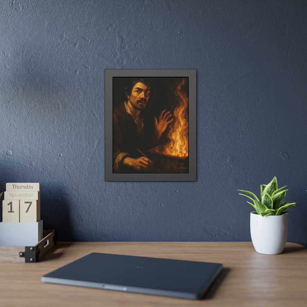 Man holding a paintbrush, his other hand raised beside tall flames. Self-Portrait with Brush and Flame by Garabaggio, framed fine art print hanging in a room.