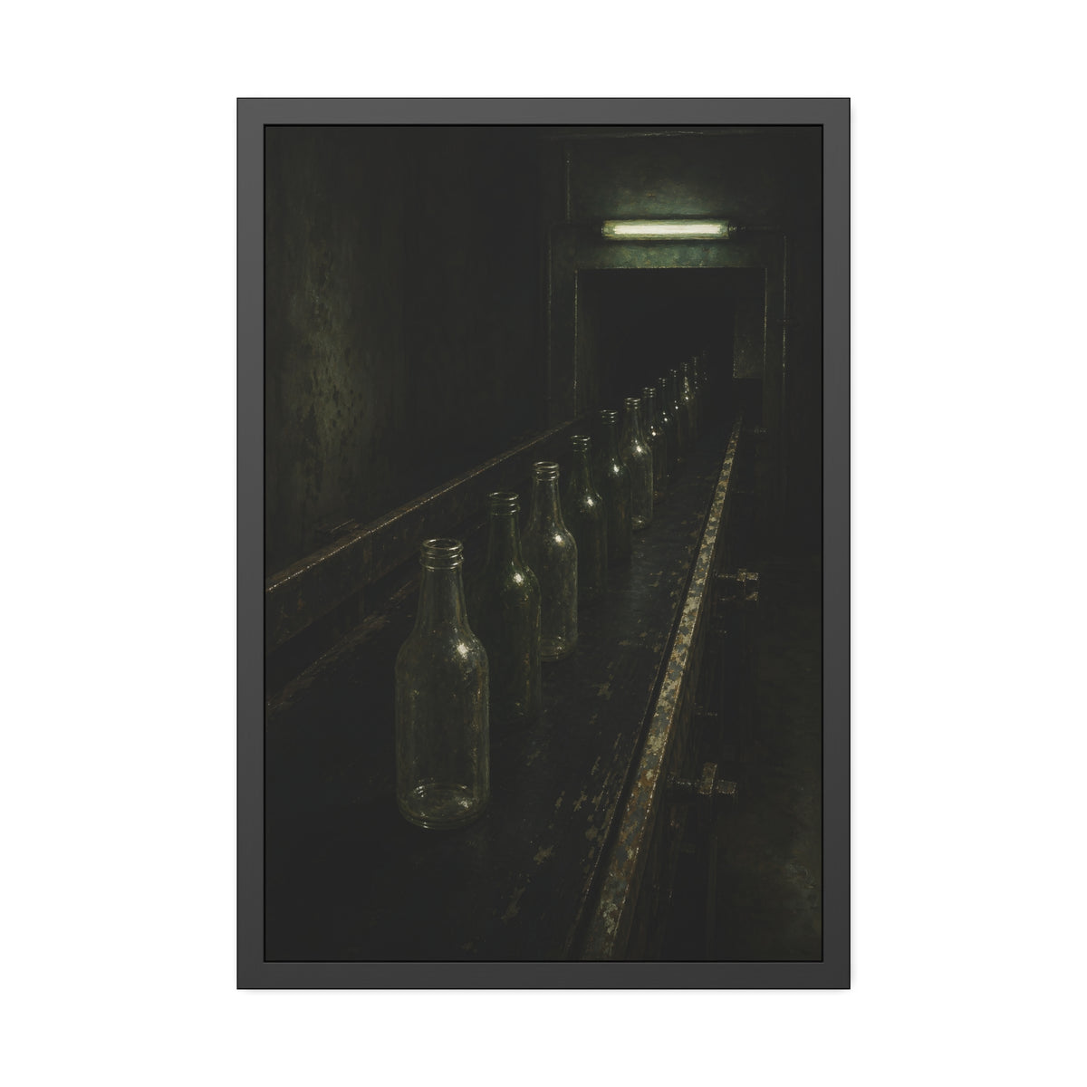 Empty glass bottles in a line on a conveyor under one fluorescent tube. The Procession of Bottles by Garabaggio, framed fine art print, 24″ x 36″.