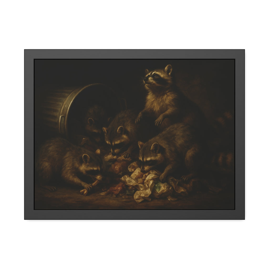 Five raccoons around a toppled metal trash can and spilled scraps. The Entombment of the Garbage by Garabaggio, framed fine art print hanging in a room.