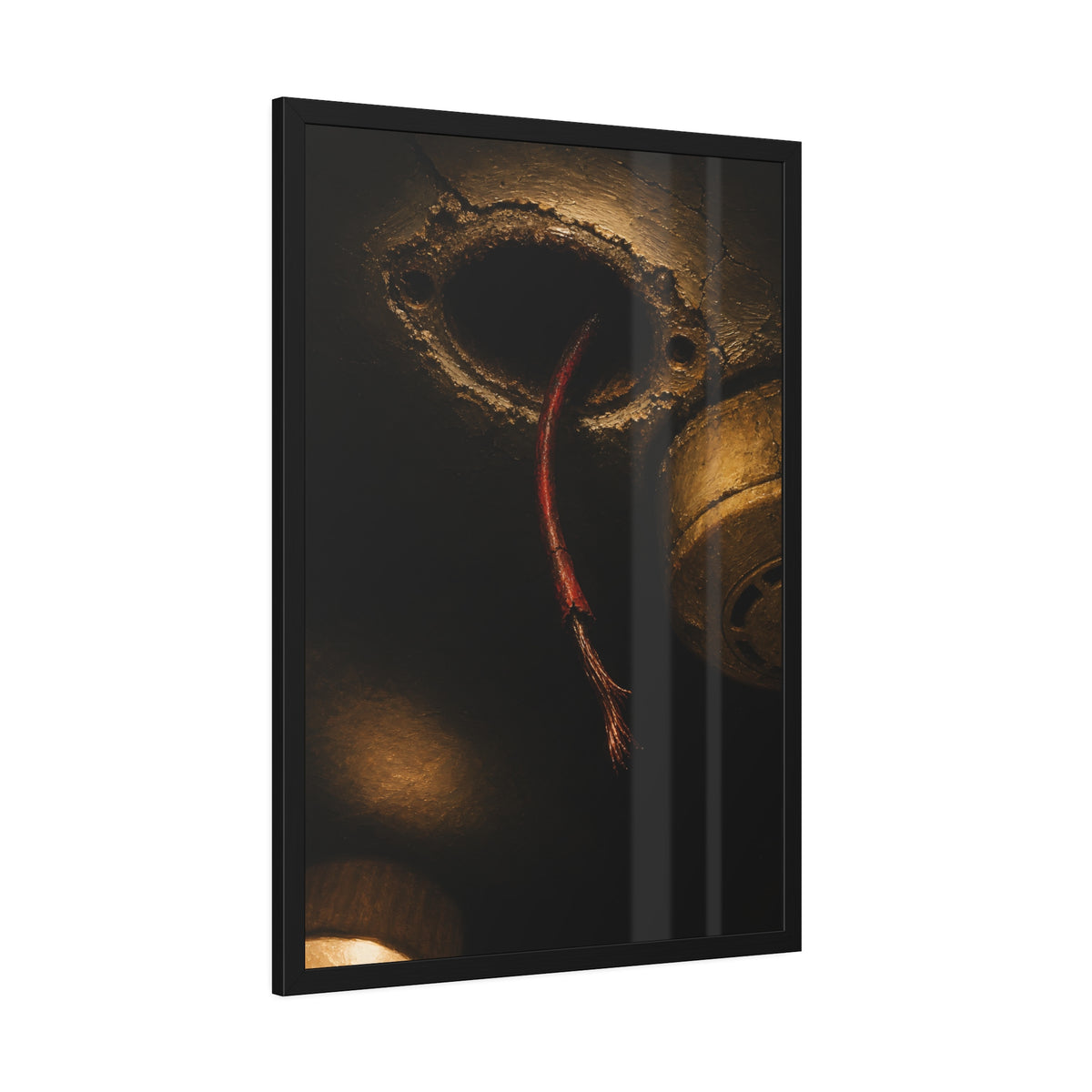 A frayed red wire hanging from a hole in a cracked ceiling. The Loose Red Wire by Garabaggio, framed fine art print hanging in a room.