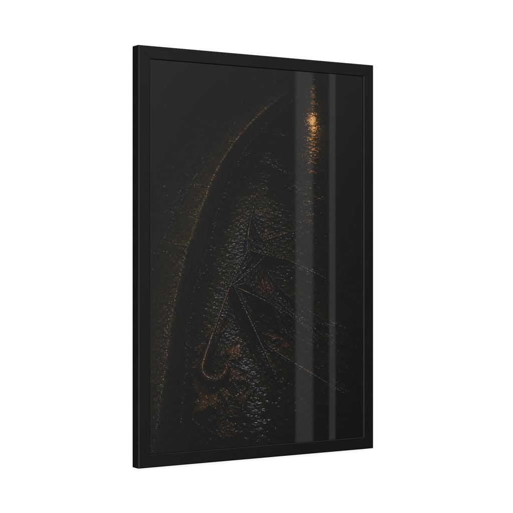 A collapsed umbrella in a dark wet gutter beside a curb, one distant light. The Procession in the Gutter by Garabaggio, framed fine art print hanging in a room.