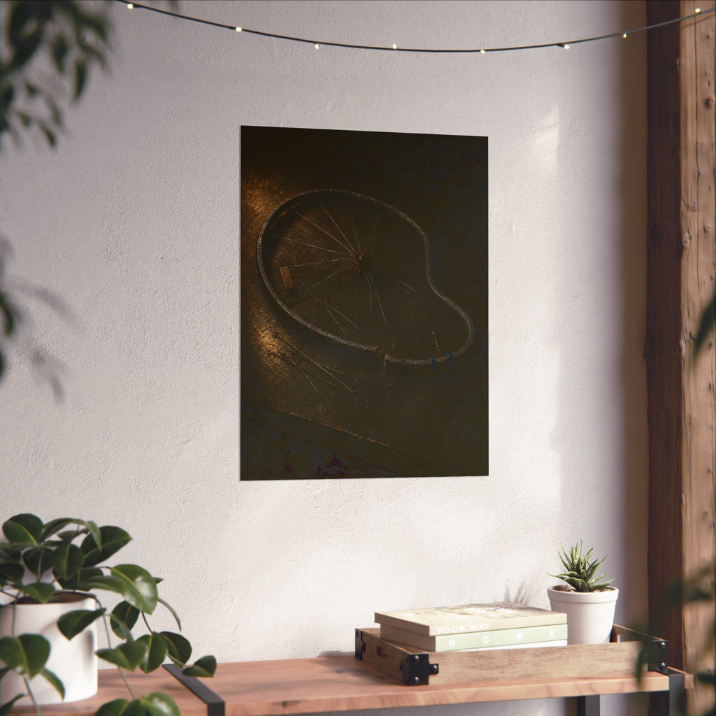 A bent bicycle wheel rim with loose spokes on a dark table in warm light. The Cutting of the Circle by Garabaggio, fine art print hanging in a room.