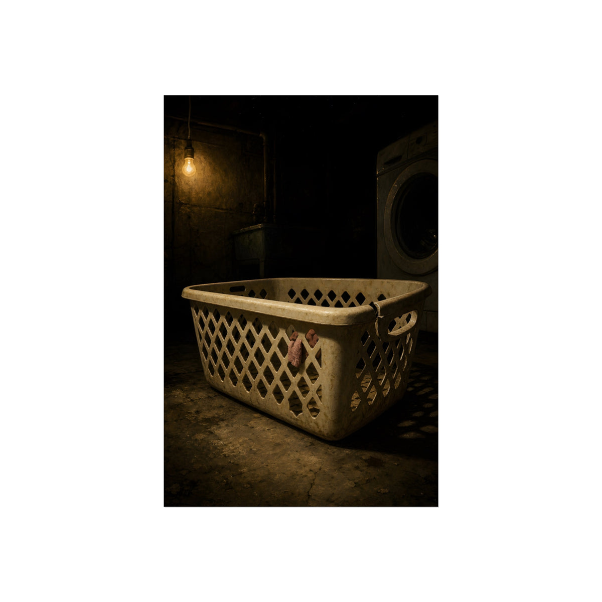 A plastic laundry basket on a basement floor under a bare hanging bulb. The First Split by Garabaggio, fine art print, 24″ x 36″.