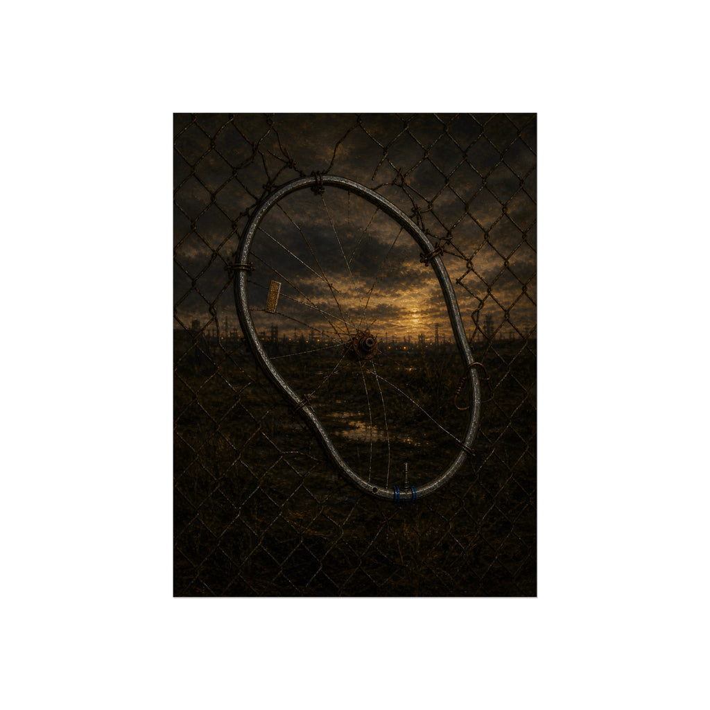 A bent bicycle wheel woven into a chain link fence against a dim sunset. The Fence Repair by Garabaggio, fine art print, 12″ x 16″.