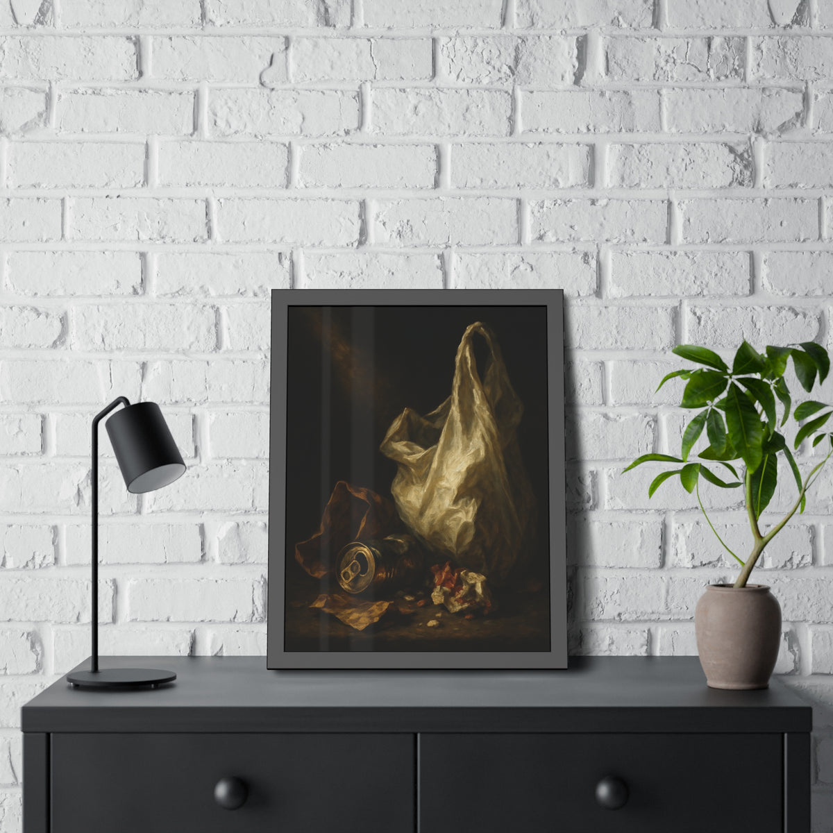 A white plastic bag standing upright in a shaft of light. The Annunciation of the Plastic Bag by Garabaggio, framed fine art print hanging in a room.