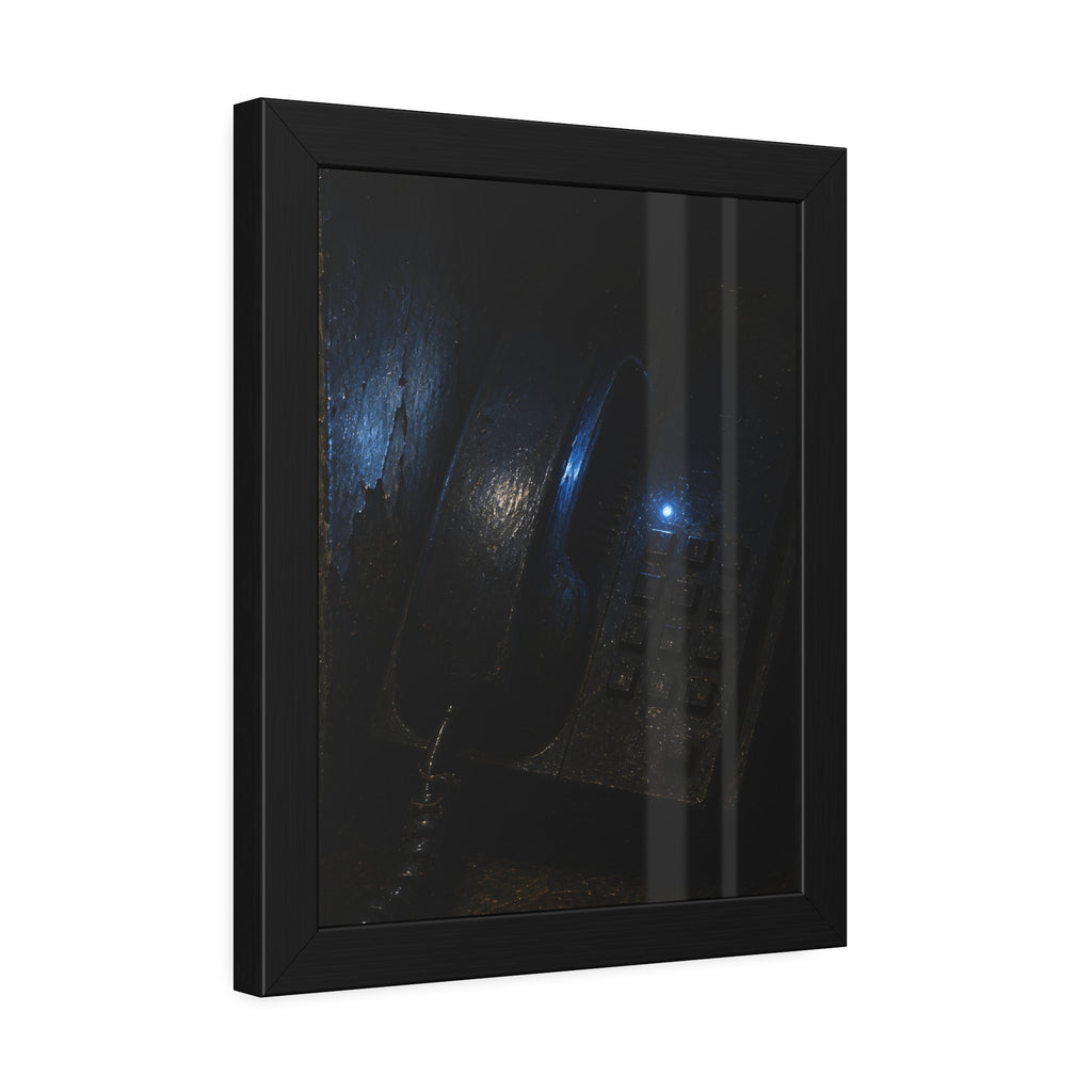 A grimy wall telephone in darkness with one small blue indicator light. The Night Queue by Garabaggio, framed fine art print hanging in a room.