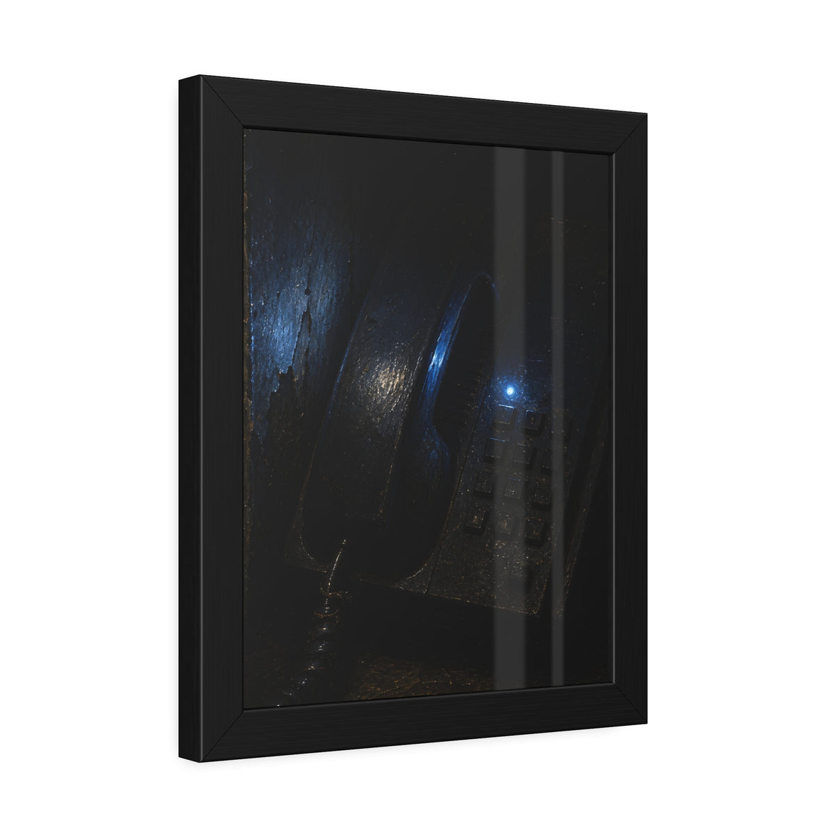 A grimy wall telephone in darkness with one small blue indicator light. The Night Queue by Garabaggio, framed fine art print hanging in a room.