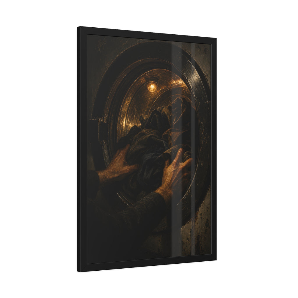 Two hands pushing dark laundry into a washer drum lit by a small bulb. The Loading of the Drum by Garabaggio, framed fine art print hanging in a room.