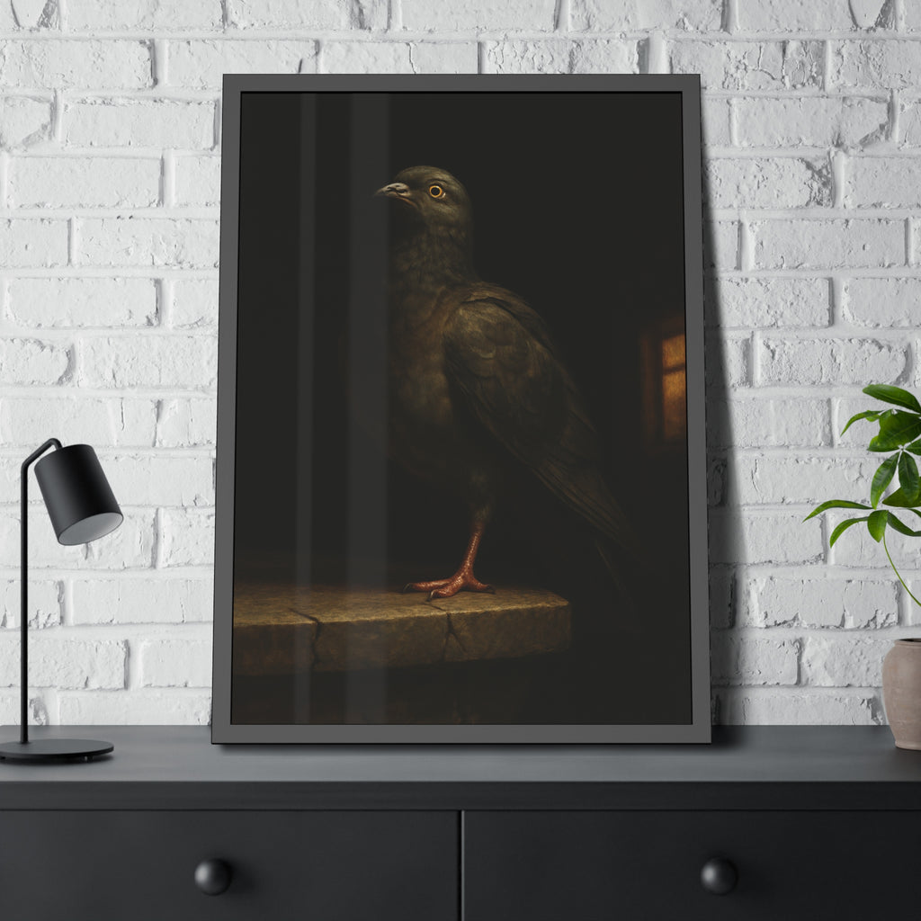A pigeon standing on a cracked stone ledge in near darkness. The Martyrdom of the One-Legged Saint by Garabaggio, framed fine art print hanging in a room.