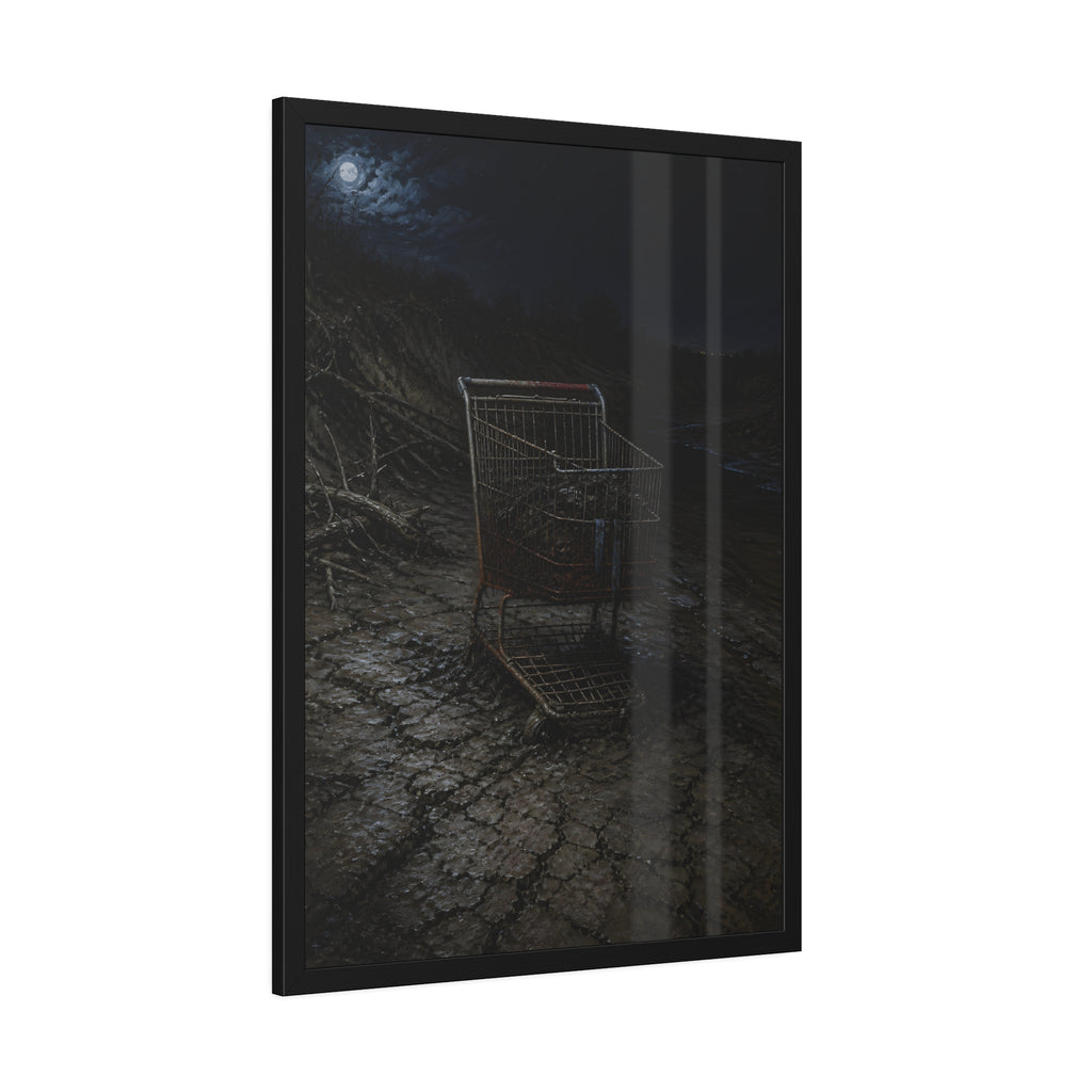 A rusted shopping cart sunk in cracked dried mud under a full moon. The Silting by Garabaggio, framed fine art print hanging in a room.