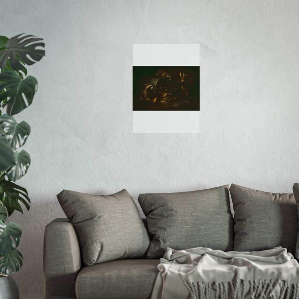 Raccoons around a tipped metal trash can, scattering food scraps. The Vigil of the Midnight Feast by Garabaggio, fine art print hanging in a room.