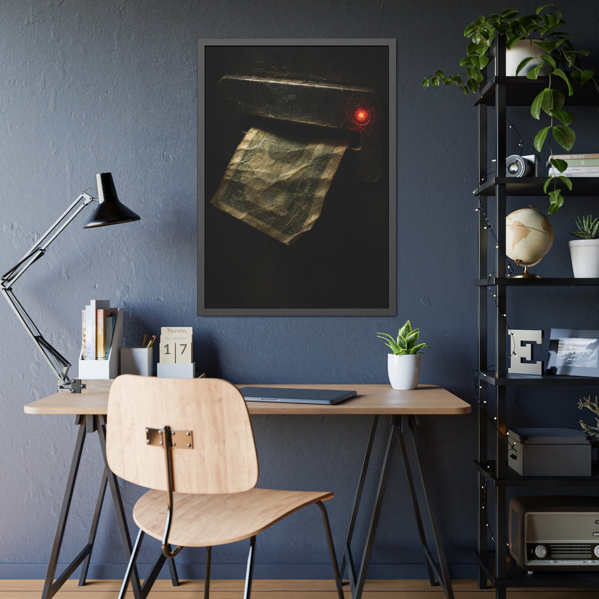 A worn bill pushed back out of a machine slot beside a red light. The Change Machine's Refusal by Garabaggio, framed fine art print hanging in a room.