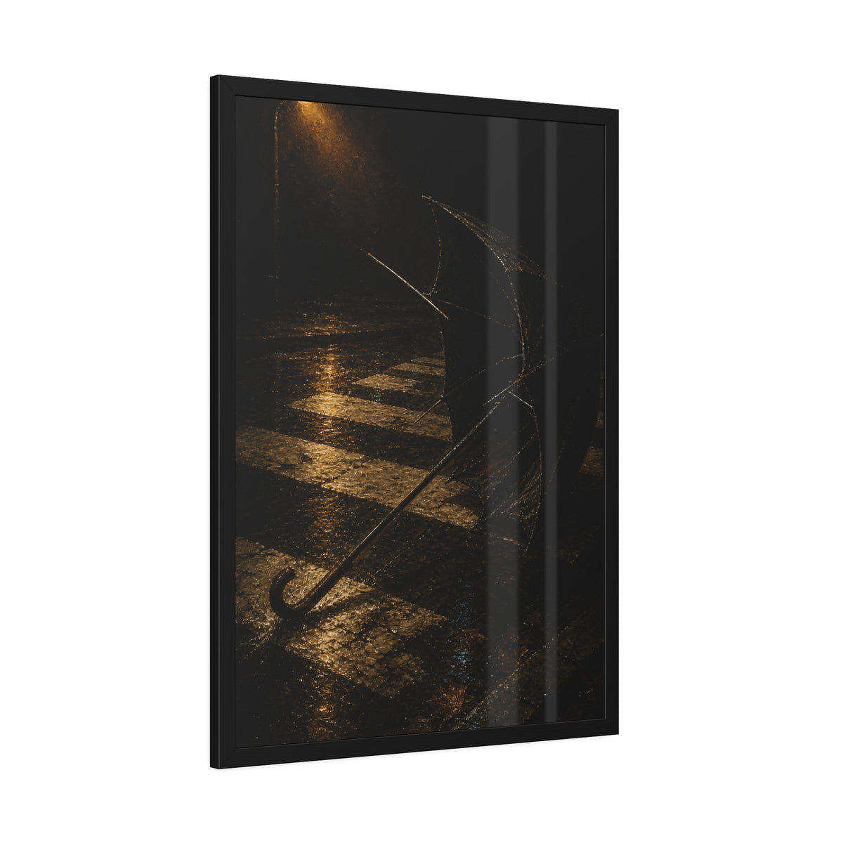 A blown out umbrella lying on wet checkered pavement under a street lamp. The Taking by the Wind by Garabaggio, framed fine art print hanging in a room.