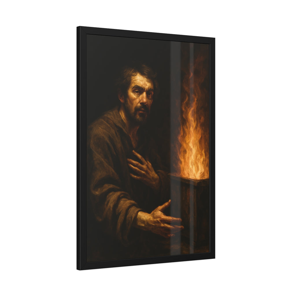 Bearded man with a hand on his chest beside flames rising from a bin. Self-Portrait as a Penitent by Garabaggio, framed fine art print hanging in a room.