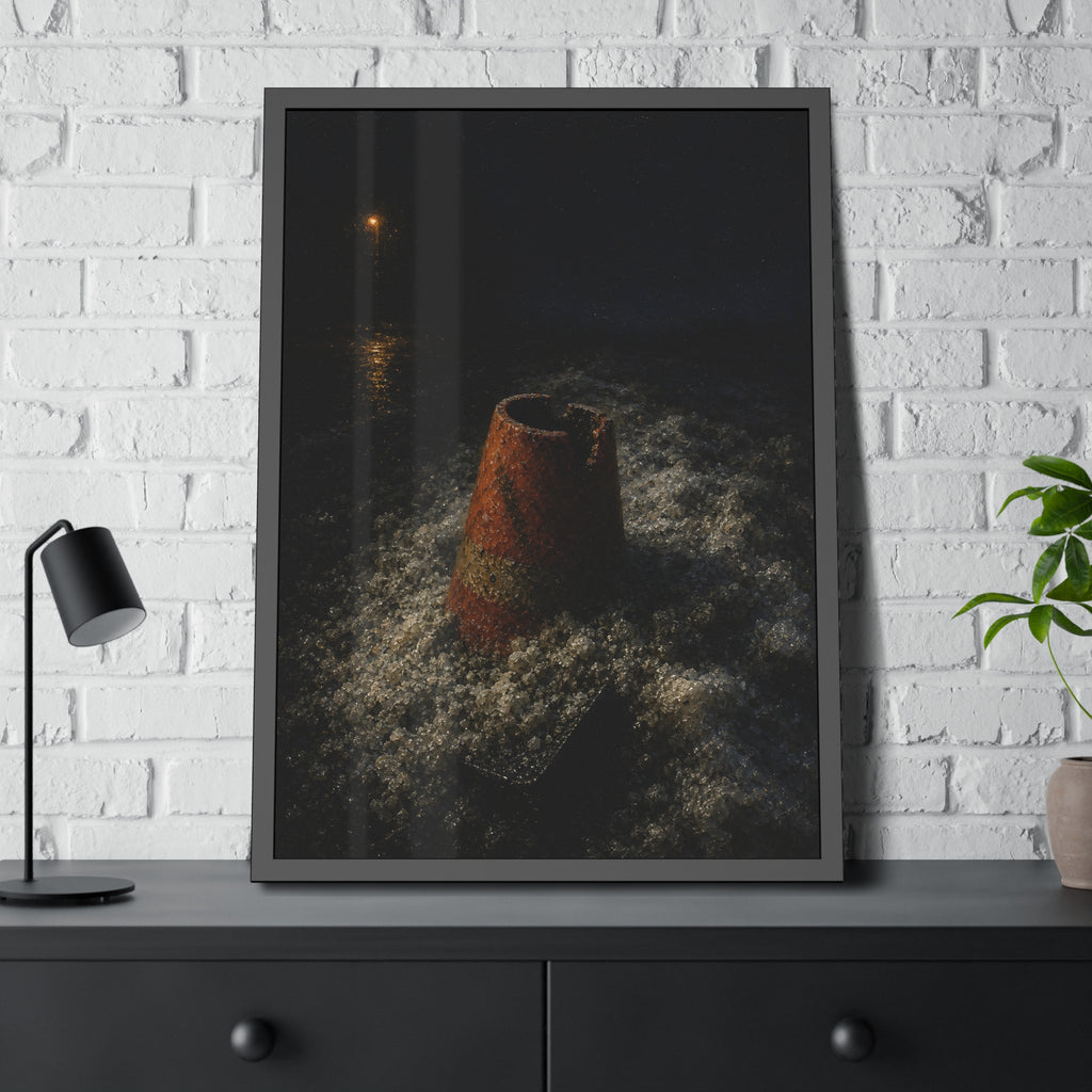An orange traffic cone half buried in road salt under a distant streetlight. The Burial in Road Salt by Garabaggio, framed fine art print hanging in a room.