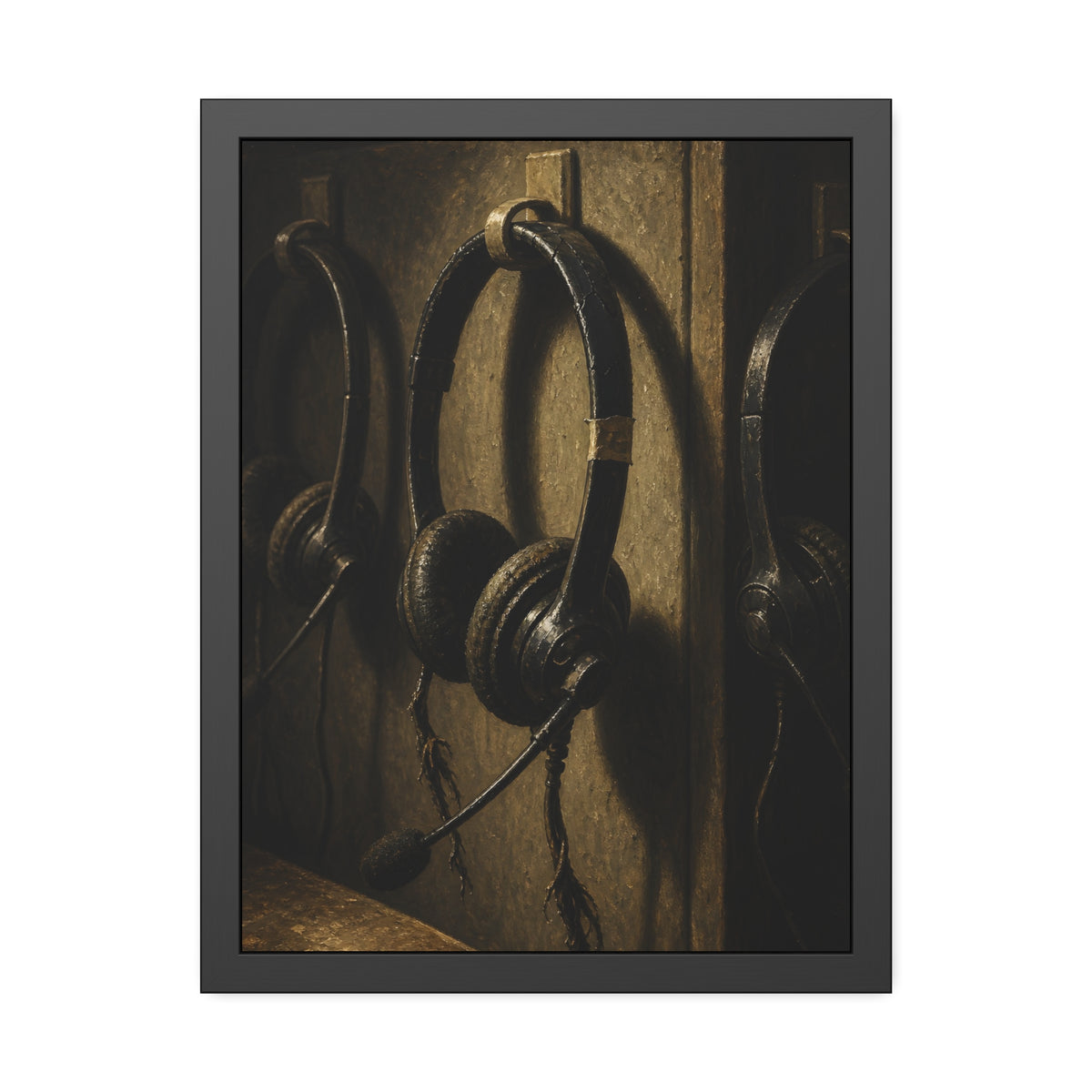 Three worn call center headsets hanging on wall hooks in dim light. The Headsets Left Hanging by Garabaggio, framed fine art print, 18″ x 24″.