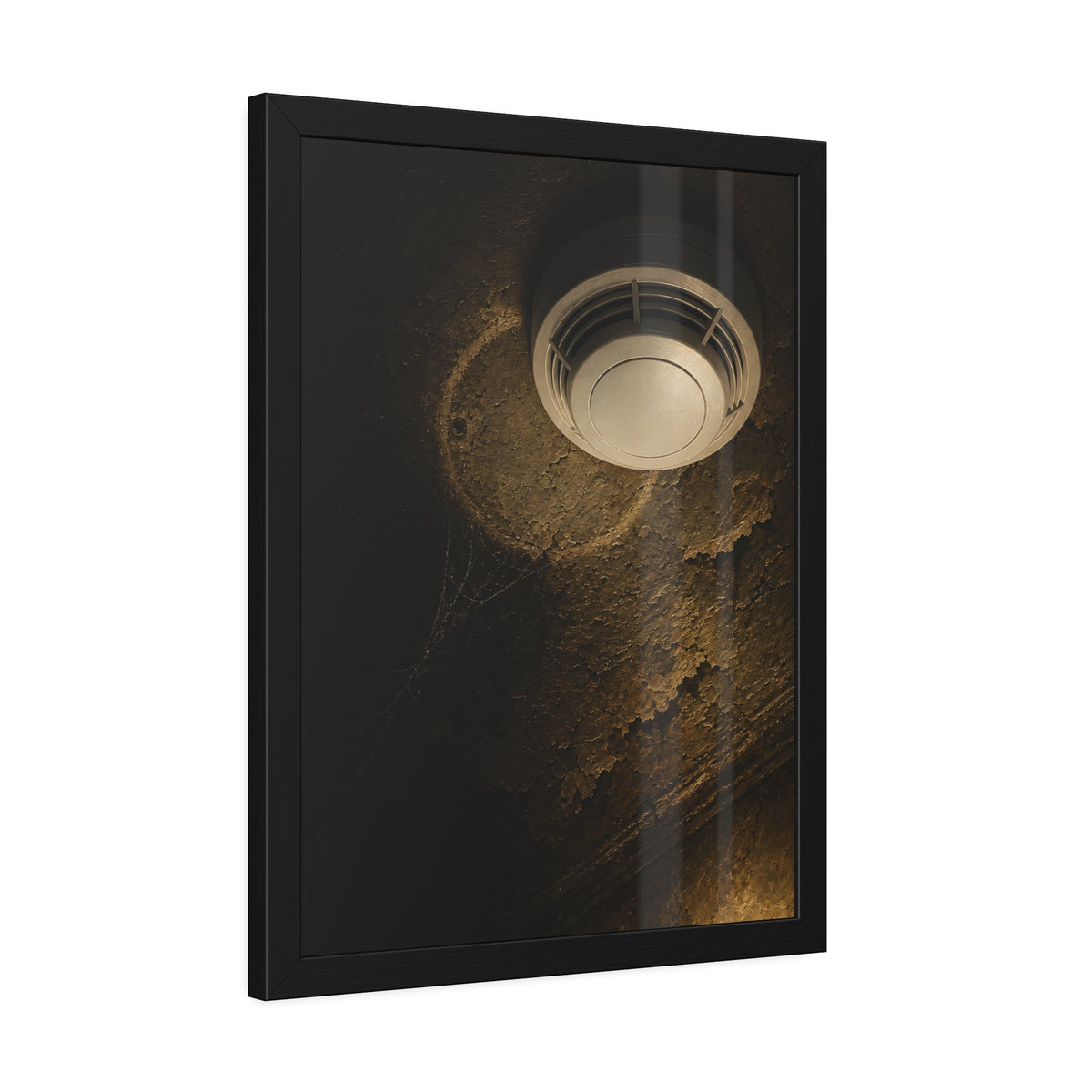 A new smoke detector on a stained ceiling next to an old mounting ring. The New Detector by Garabaggio, framed fine art print hanging in a room.