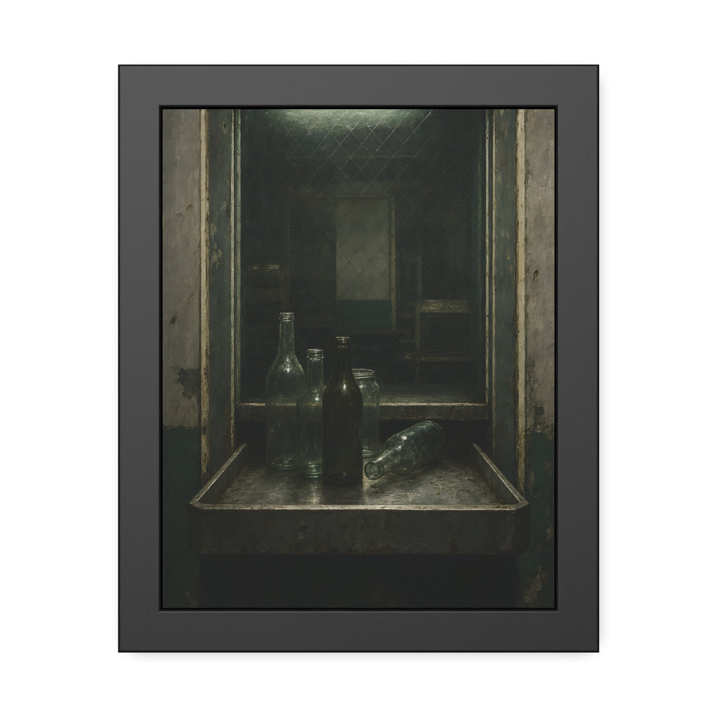 Empty glass bottles on a metal tray at a service window under a fluorescent tube. The Counting Window by Garabaggio, framed fine art print, 11″ x 14″.