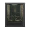Empty glass bottles on a metal tray at a service window under a fluorescent tube. The Counting Window by Garabaggio, framed fine art print, 11″ x 14″.