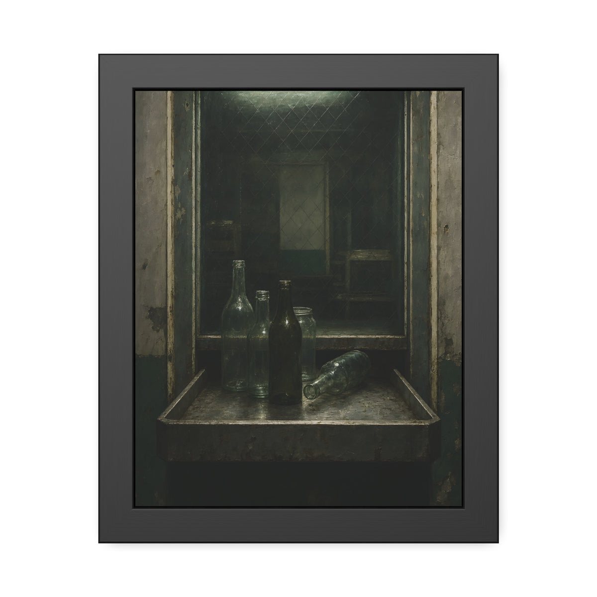 Empty glass bottles on a metal tray at a service window under a fluorescent tube. The Counting Window by Garabaggio, framed fine art print, 11″ x 14″.