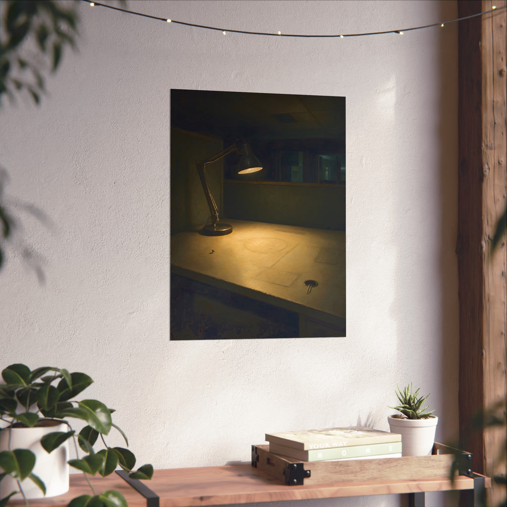 A lit desk lamp on an emptied office desk at night. The Desk Lamp Still Warm by Garabaggio, fine art print hanging in a room.
