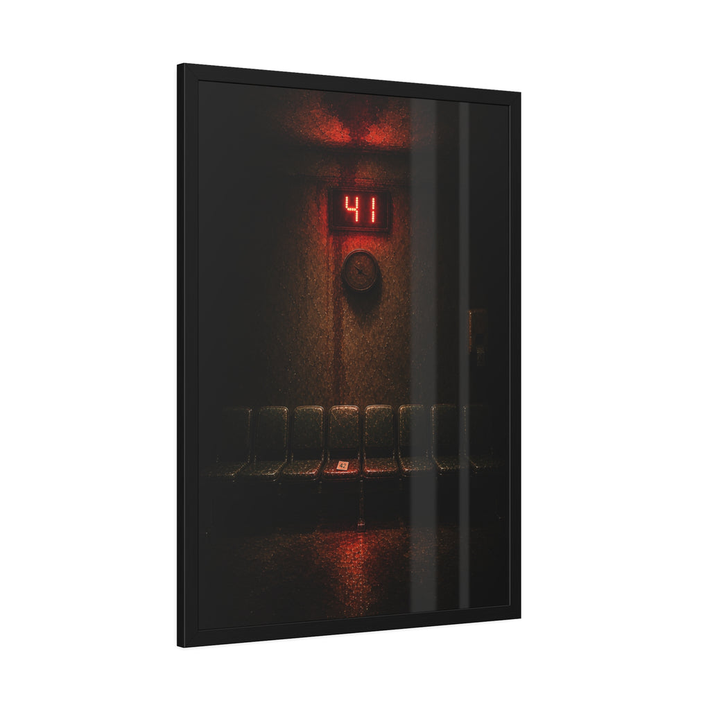 An empty row of waiting room seats beneath a red display reading 41. The Call That Does Not Come by Garabaggio, framed fine art print hanging in a room.