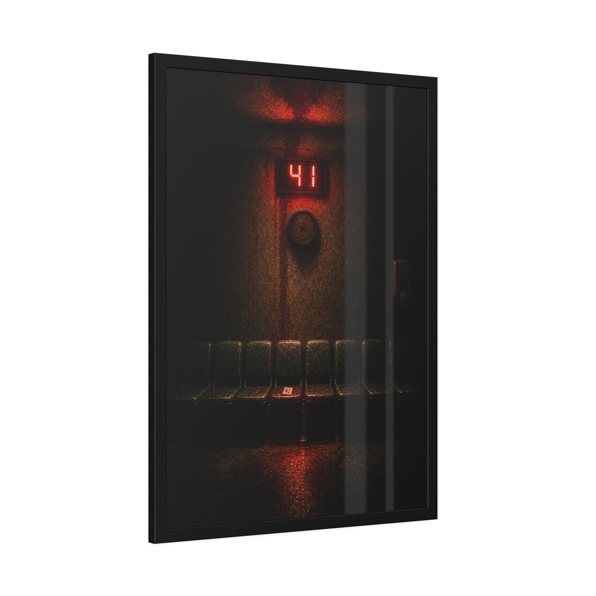 An empty row of waiting room seats beneath a red display reading 41. The Call That Does Not Come by Garabaggio, framed fine art print hanging in a room.