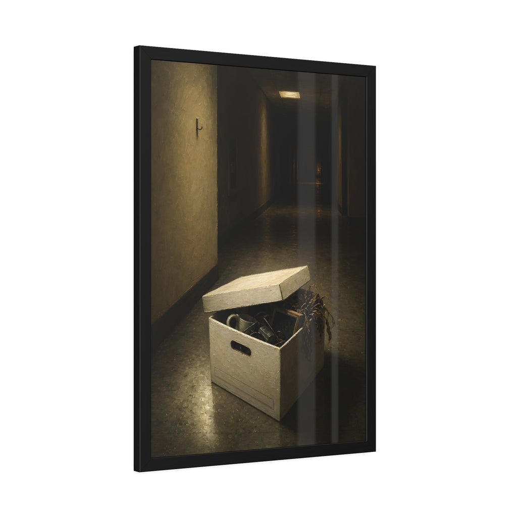 An open box of desk items on the floor of a dim office hallway. The Box of Personal Effects by Garabaggio, framed fine art print hanging in a room.