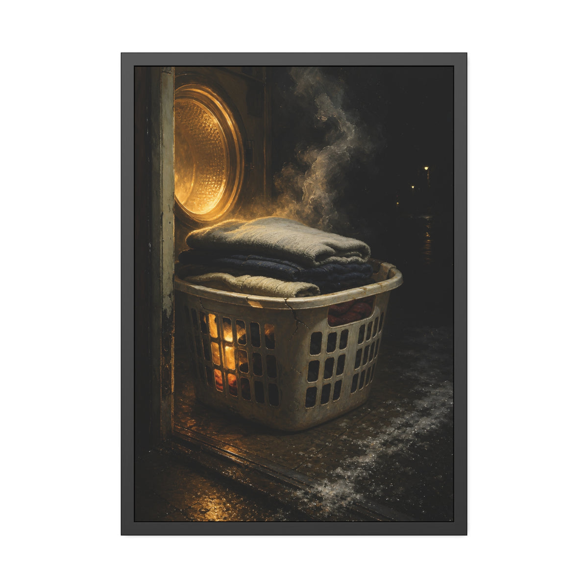 A laundry basket of folded clothes glowing in front of an open dryer. The Warm Clothes Against the Cold by Garabaggio, framed fine art print, 28″ x 40″.