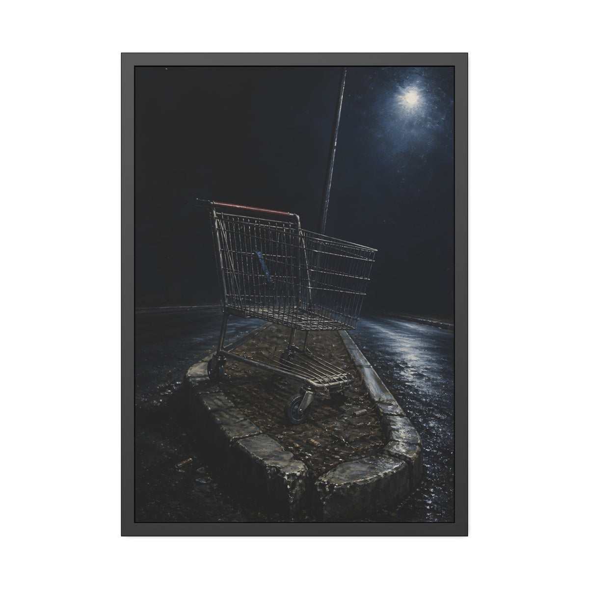 A shopping cart stranded on a stone median under a streetlight. The Crossing of the Median by Garabaggio, framed fine art print, 28″ x 40″.