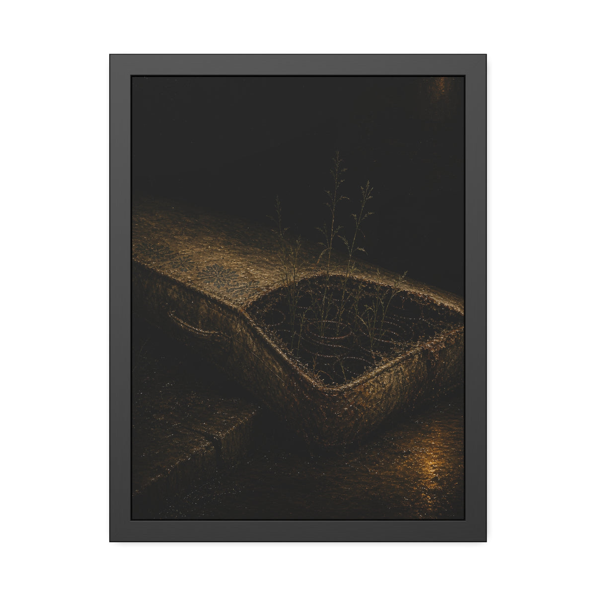 Weeds growing through a torn mattress left at a wet curb at night. The Rooting of Weeds by Garabaggio, framed fine art print, 18″ x 24″.